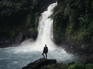 person standing at the foot of a jungle waterfall
