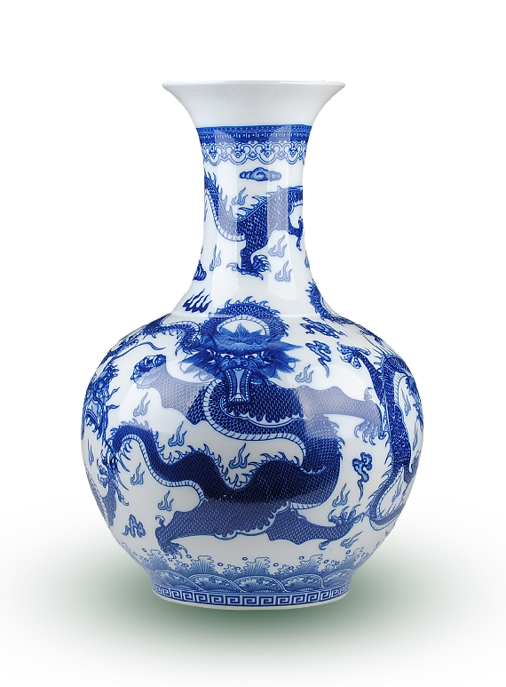 white vase with a blue dragon on it